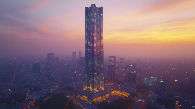 High-rise skyscraper at dawn, city view