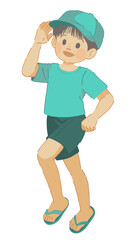 夏の装いで走る男の子のイラスト