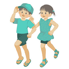 夏の装いで走る男の子と女の子のイラスト