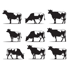 Set of jersey cow silhouettes in various poses. isolated vector on white background