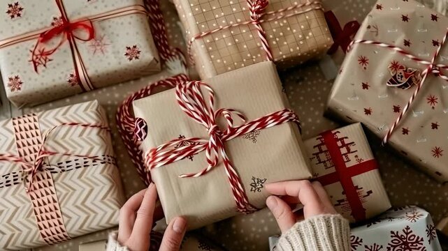 Cozy holiday gifts wrapped in various festive papers and tied with ribbons. A pair of hands in a warm sweater is holding a wrapped gift, showing its details, creating a warm and celebratory atmosphere