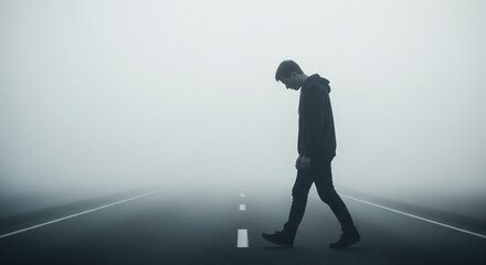 Fototapeta premium Feeling Alone: Person Walking into Dense Mist, Symbolic Scene