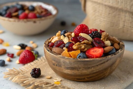 Healthy breakfast bowl with berries nuts and dried fruit