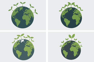 Green ecology planet earth icons set with globe, leaf, and environmental vector concepts