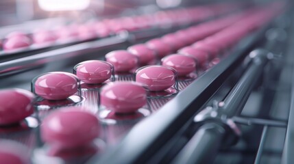 An innovative image depicting a close-up of pink pills on a conveyor belt illustrates the essence of pharmaceutical production and the progress of modern medicine in vibrant colors.