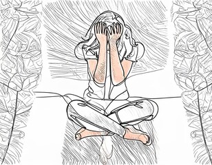 Naklejka premium Ai Generate, Continuous one line drawing of a woman with confused feelings worried about bad mental health. Problems, stress, sad and depression concept in doodle style.