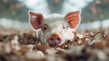 A cute piglet peeks out from a bed of autumn leaves, showcasing the innocence of nature and wildlife, evoking feelings of warmth and playfulness in a natural setting.