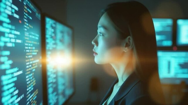 Professional Woman in Cybersecurity Control Room with Scrolling Code and Futuristic Screens