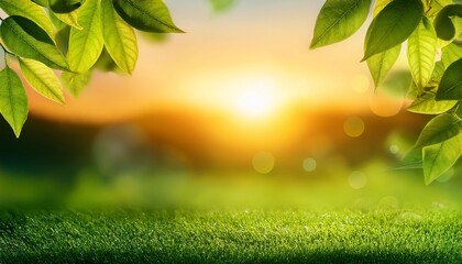 Obraz premium a summer sunset sunrise background with lush green foliage and orange glow sky with blurred spring bokeh highlights