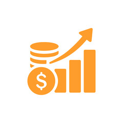 Minimalist black icon showing stacked coins, dollar symbol, bar chart, and upward arrow. Represents financial growth, profit, investment, or business success. Isolated on white background.