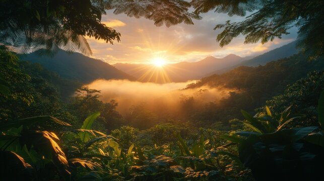 Lush jungle framed by trees, sunset over misty mountains