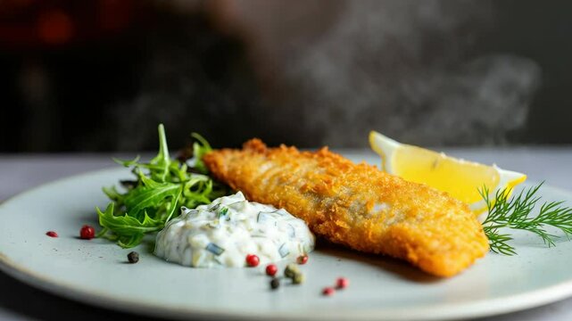 Crispy fried fish fillet with tartar sauce, lemon wedge, and greens on plate
