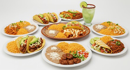 Variety of Mexican Food Platters: Tacos, Enchiladas, Rice and Beans mexican food