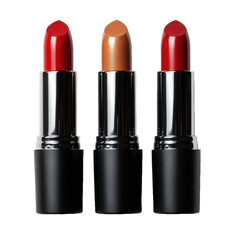 Three lipsticks in different colors standing next to each other on transparent background