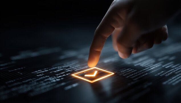 Hand touches glowing checkmark on digital interface