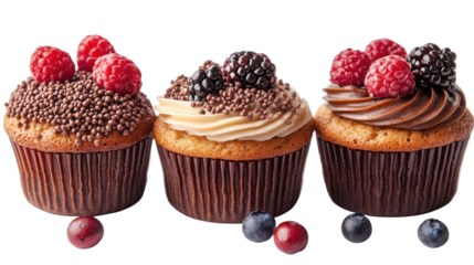 Three cupcakes with assorted toppings and berries at the bottom on transparent background