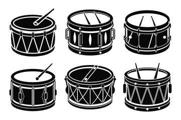 Set of classic band snare drum silhouette vector illustration on white background.