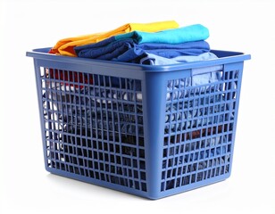 Colorful cloths in a blue mesh plastic basket isolated white background
