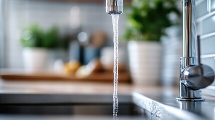 A sleek kitchen faucet pours fresh water into an elegant sink. This simple yet captivating image highlights the beauty of everyday life and essential resources.