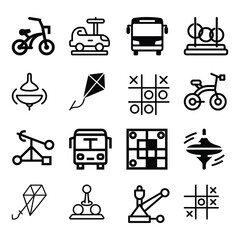 Set of kid toy likes spinning top motion,car, truck, bus,kite, cross, bicycle icon vector illustration on white background.