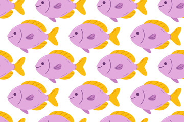 Seamless pattern with purple tropical fish with yellow fins, great for ocean-themed packaging, kids’ designs, or textiles