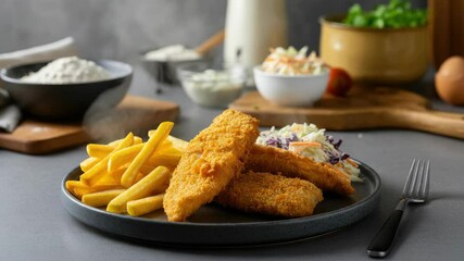 Crispy fried fish with French fries and coleslaw on plate - Powered by Adobe
