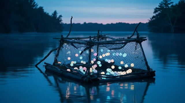 Floating structure illuminated at night on lake