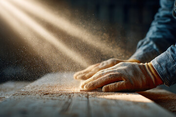 Carpenter sanding wood plank on workbench with dust particles flying in warm sunlight, showing craftsmanship and focus in woodworking
