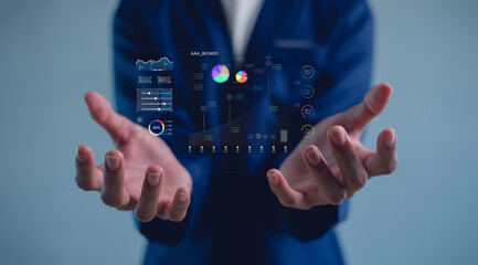 Concept digital transformation technology strategy, Analyst working with Business, metrics connected to database Corporate.