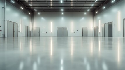 A vast, empty industrial space showcasing minimalist design with sleek lines, inviting interpretations of creativity, innovation, and the potential for diverse uses within the interior.