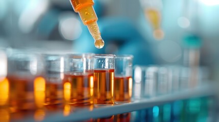 A pipette releases a droplet into a test tube filled with vibrant liquid, symbolizing the precision and innovations in scientific research and the essence of chemical exploration.