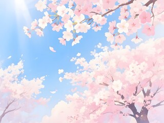 Sakura Flower Frame Against Clear Blue Sky in Spring Nature Background, Bright Floral Atmosphere