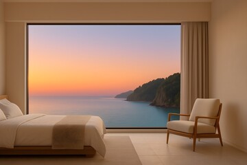 Seaside morning light through panoramic window.