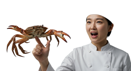 A surprised chef holding a large crab against a black background with excitement