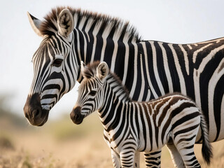 Naklejka premium Natural Bond: Small Zebra and Big Dappled Zebra in a Natural Landscape