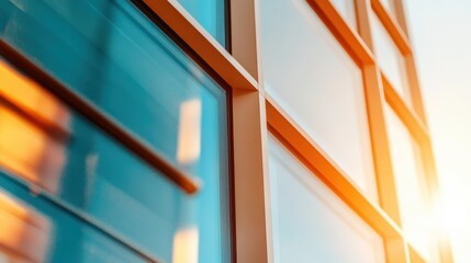 A close-up of contemporary glass windows reflecting soft golden light, capturing the essence of modern architecture and the beauty of natural illumination.