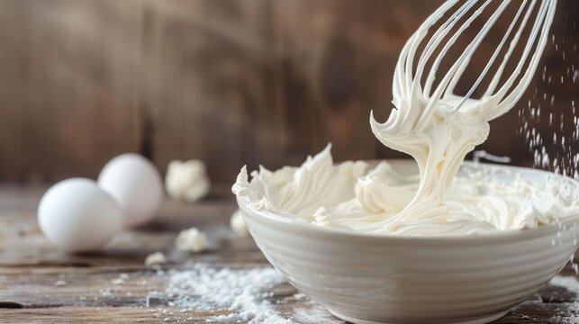 A metal whisk mixing a fluffy creamy batter within a bowl surrounded by eggs and scattered flour, showcasing the joy of cooking and homemade baking in a rustic kitchen.