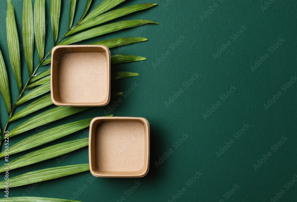 Aufkleber two empty cardboard boxes on green background with palm leaf, depicting sustainable packaging and ec