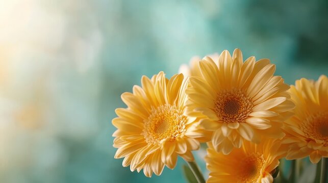 A beautifully arranged group of yellow flowers with a soft focus background, evoking feelings of joy, warmth, and brightness in a serene and uplifting atmosphere.