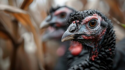 Naklejka premium A detailed close-up of black turkeys reveals their unique textures and colors, showcasing the beauty of wildlife and the intricate details of these fascinating birds.