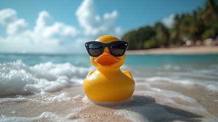 Obraz premium Yellow rubber duck wearing sunglasses on a beach