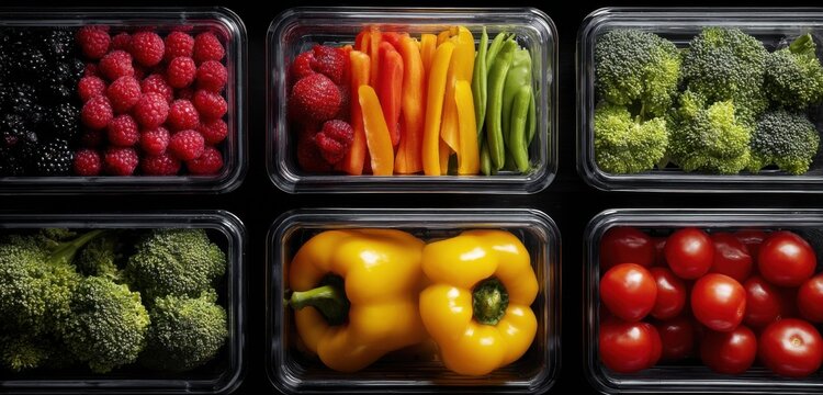 Overhead View of Fresh Fruits and Vegetables in Glass Containers, Showcasing Healthy Eating and Meal Prep for Wellness and Nutrition : Generative AI