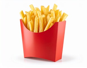French fries or fried potatoes in a red carton box isolated on white background 