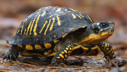 Obraz premium Eastern Box Turtle on Forest Floor, Embodying Wildlife Conservation and the Beauty of Natural Habitats, Perfect for Environmental Awareness Campaigns : Generative AI