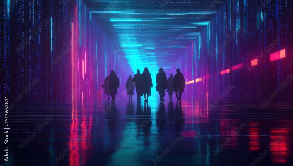 Leinwandbilder Silhouetted Figures Walking Through a Digital Tunnel of Binary Code, Representing Data Migration and Technological Advancement : Generative AI