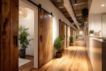 Obraz premium Rustic Barn Doors and Potted Plants in Modern Hallway, Representing Interior Design and Sustainable Architecture : Generative AI