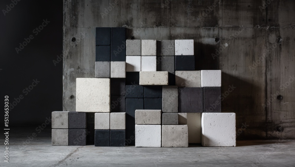 Poster arrangement of concrete blocks against a concrete wall, showcasing construction and material innovat