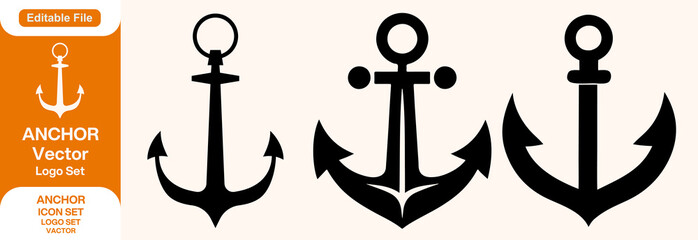 anchor with rope silhouette icon set vector on white background. vector illustration. Anchor symbol logo. Anchor logo © Abu