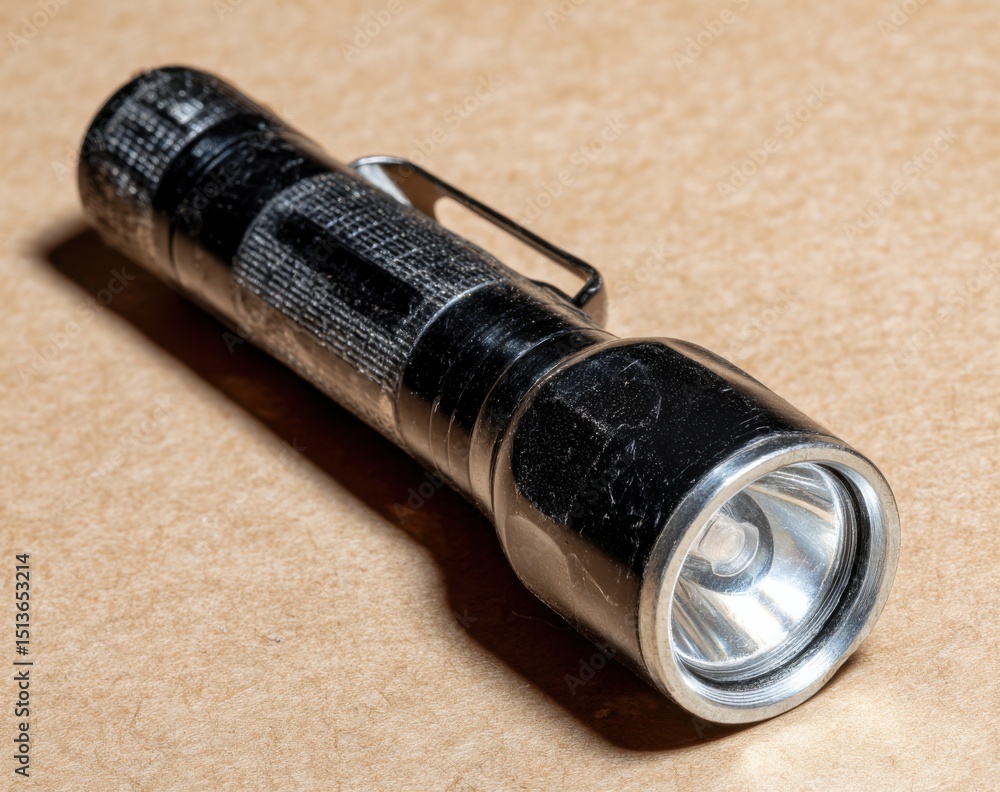 Poster black metal flashlight on brown surface, symbolizing guidance and emergency preparedness in power ou