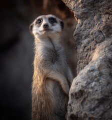Fototapeta premium Alert Meerkat Standing Upright Near Rocks, Representing Wildlife Conservation and Environmental Awareness in Natural Habitat : Generative AI